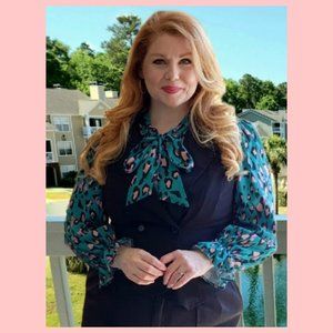 Green & Pink Leopard Print Tie-Neck Blouse